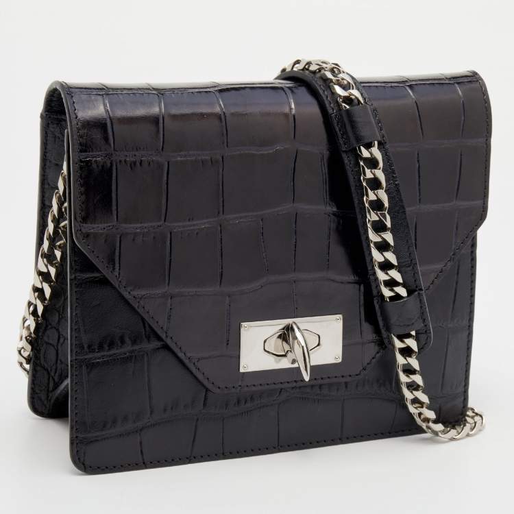Pre Owned Givenchy Black Croc Embossed Leather Shark Lock Chain Shoulder Bag