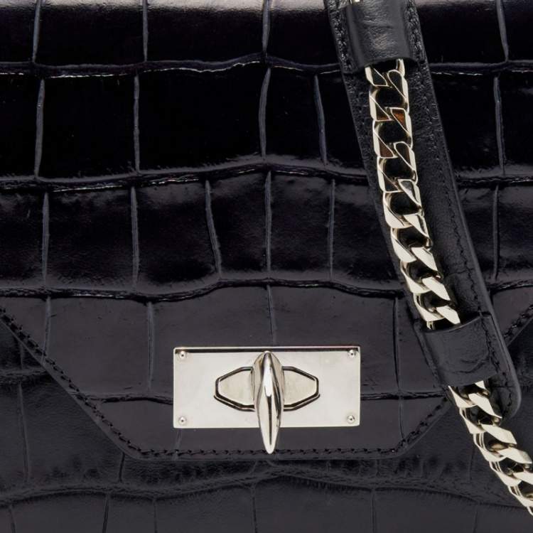 Pre Owned Givenchy Black Croc Embossed Leather Shark Lock Chain Shoulder Bag