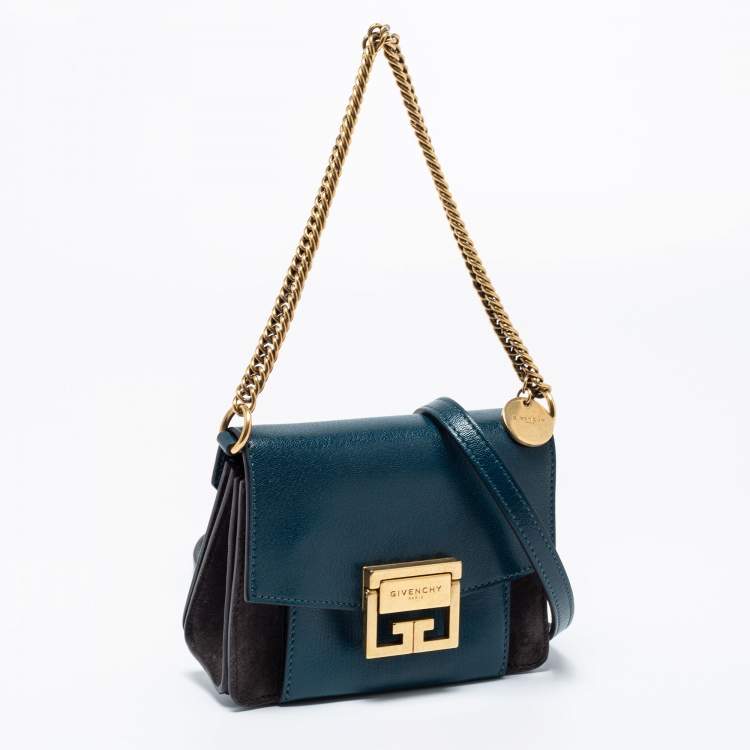 Pre Owned Givenchy Blue/Black Leather And Suede Mini GV3 Shoulder Bag