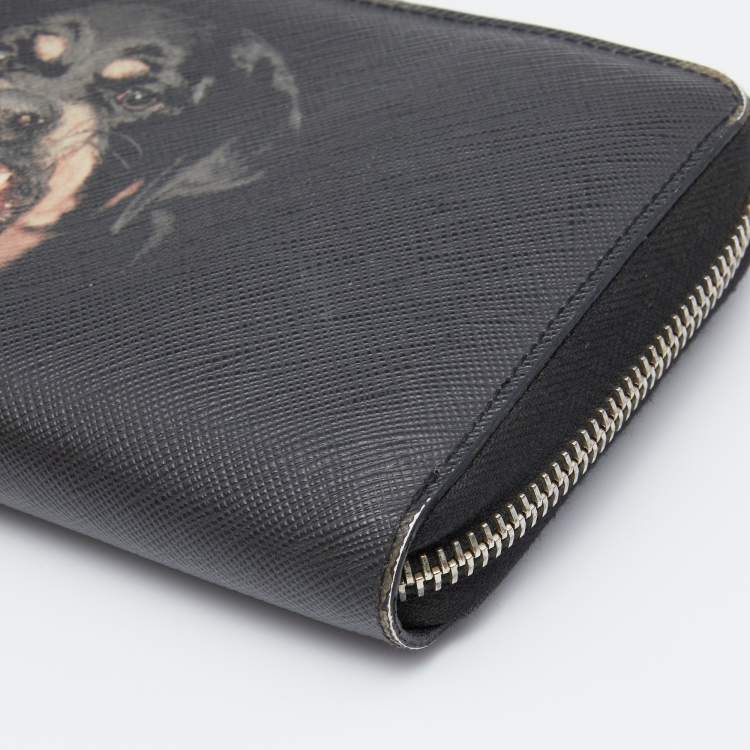 Pre Owned Givenchy Black Leather Rottweiler Zip Around Wallet