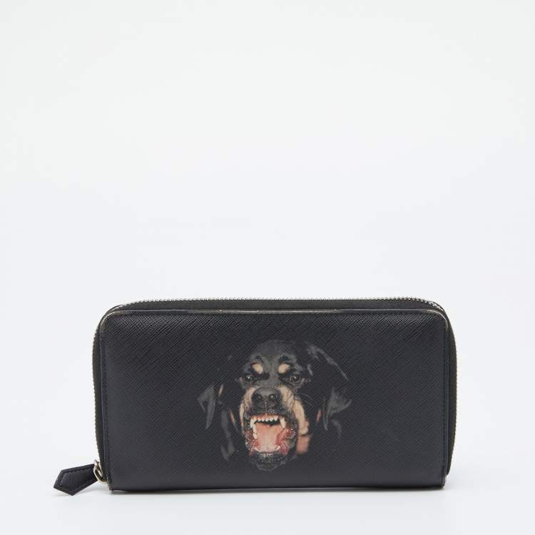 Pre Owned Givenchy Black Leather Rottweiler Zip Around Wallet