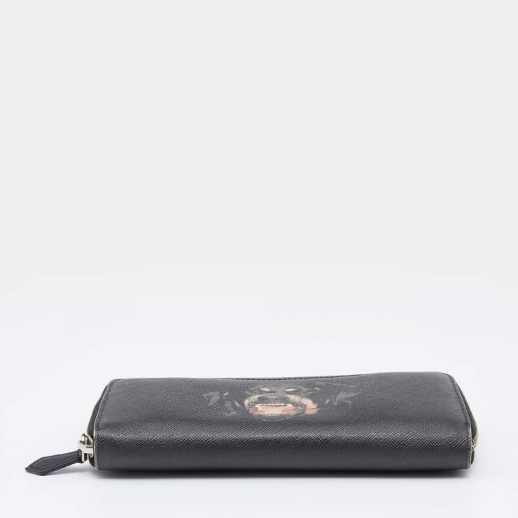 Pre Owned Givenchy Black Leather Rottweiler Zip Around Wallet