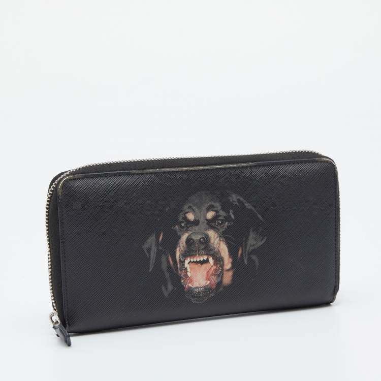 Pre Owned Givenchy Black Leather Rottweiler Zip Around Wallet