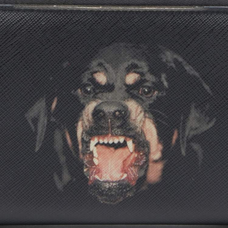Pre Owned Givenchy Black Leather Rottweiler Zip Around Wallet