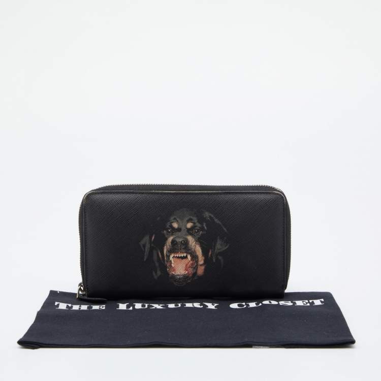 Pre Owned Givenchy Black Leather Rottweiler Zip Around Wallet