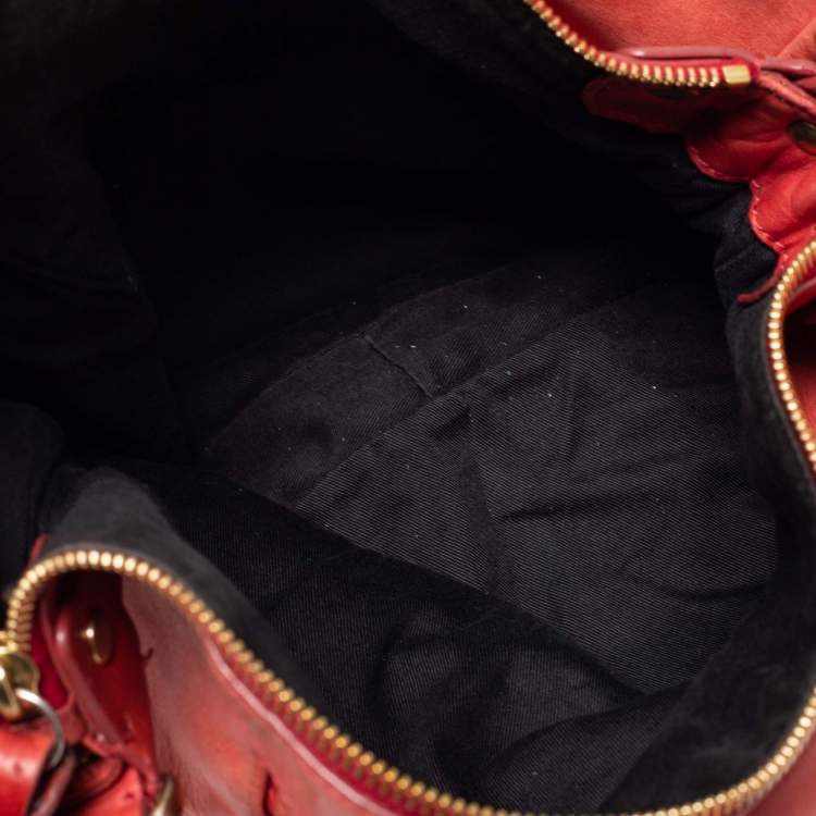 Pre Owned Givenchy Coral Red Pleated Leather Hobo