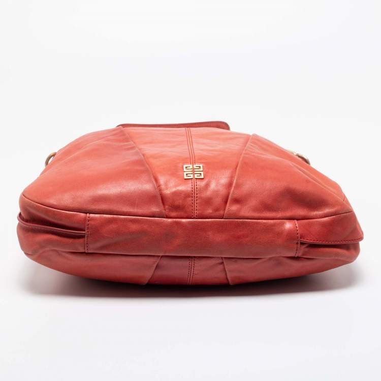 Pre Owned Givenchy Coral Red Pleated Leather Hobo
