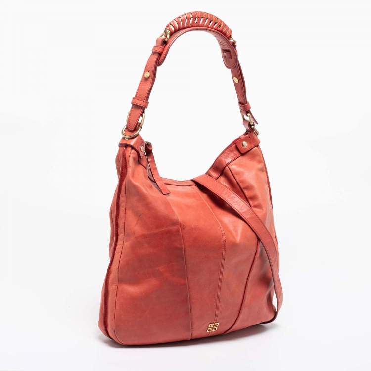 Pre Owned Givenchy Coral Red Pleated Leather Hobo