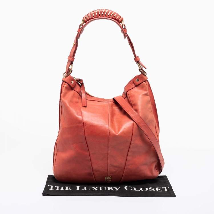 Pre Owned Givenchy Coral Red Pleated Leather Hobo