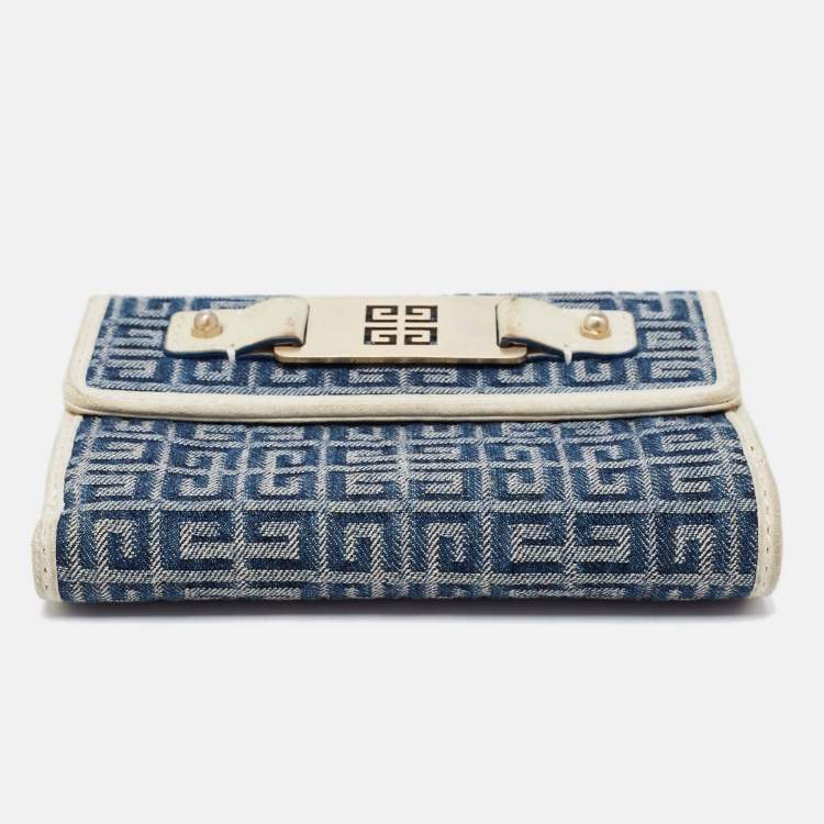Pre Owned Givenchy Blue/Cream Monogram Canvas and Leather Metal Flap Compact Wallet