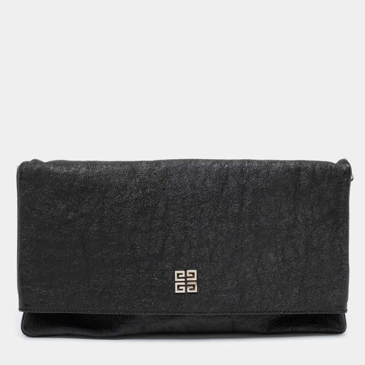 Pre Owned Givenchy Black Leather Flap Fold Over Clutch 
