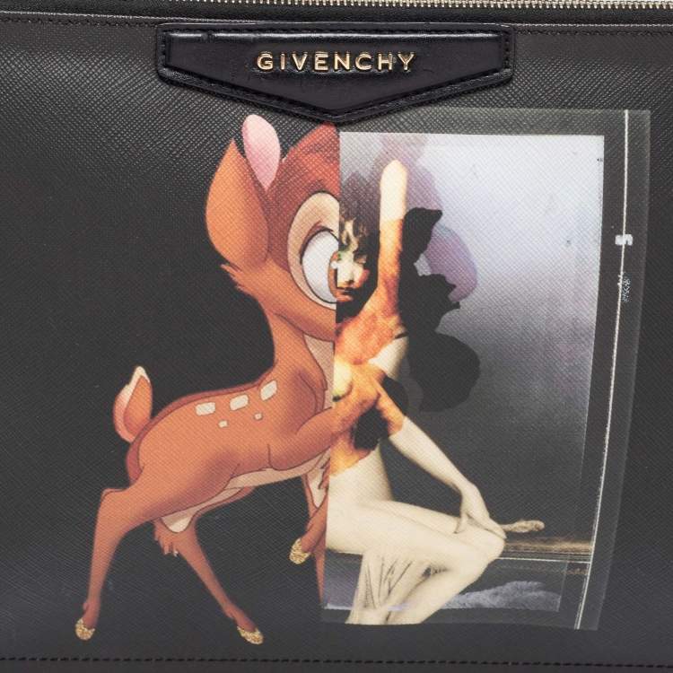 Pre Owned Givenchy Black Textured Leather Bambi Print Zip Antigona Clutch
