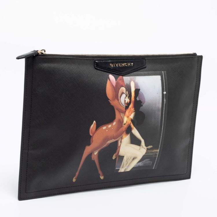 Pre Owned Givenchy Black Textured Leather Bambi Print Zip Antigona Clutch