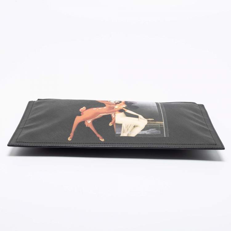 Pre Owned Givenchy Black Textured Leather Bambi Print Zip Antigona Clutch