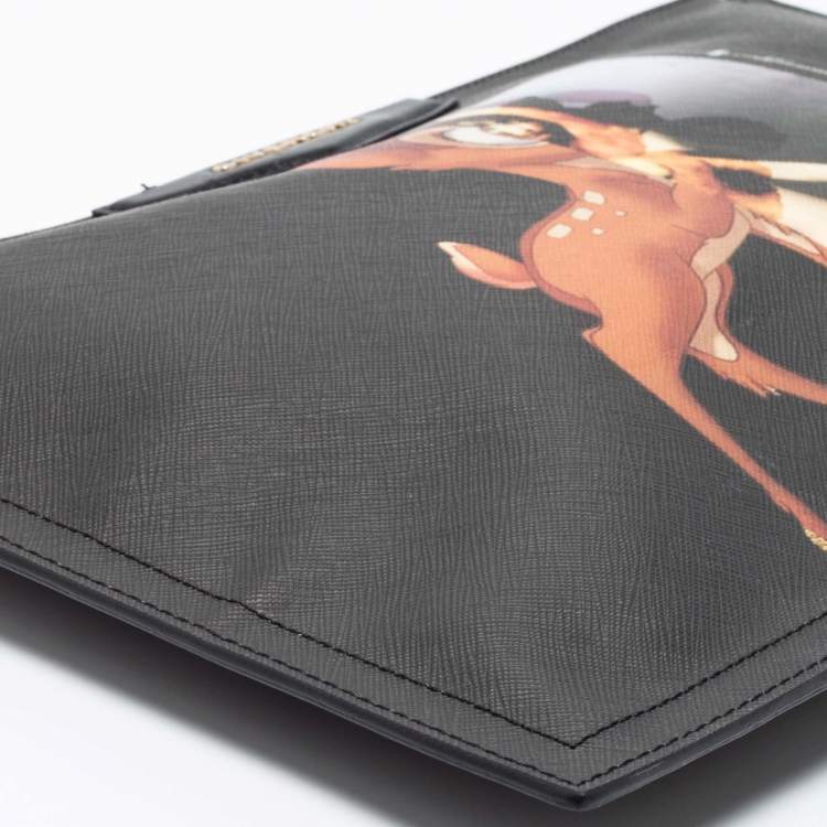 Pre Owned Givenchy Black Textured Leather Bambi Print Zip Antigona Clutch
