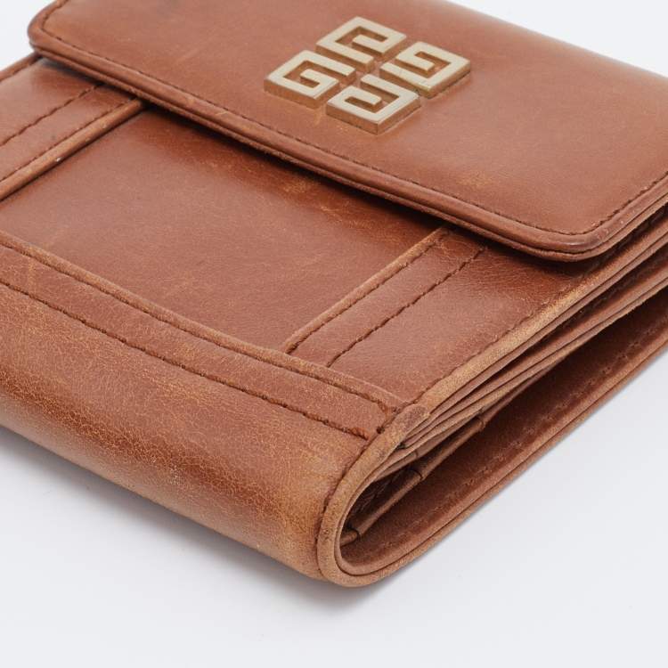 Pre Owned Givenchy Brown Leather Logo Compact Wallet