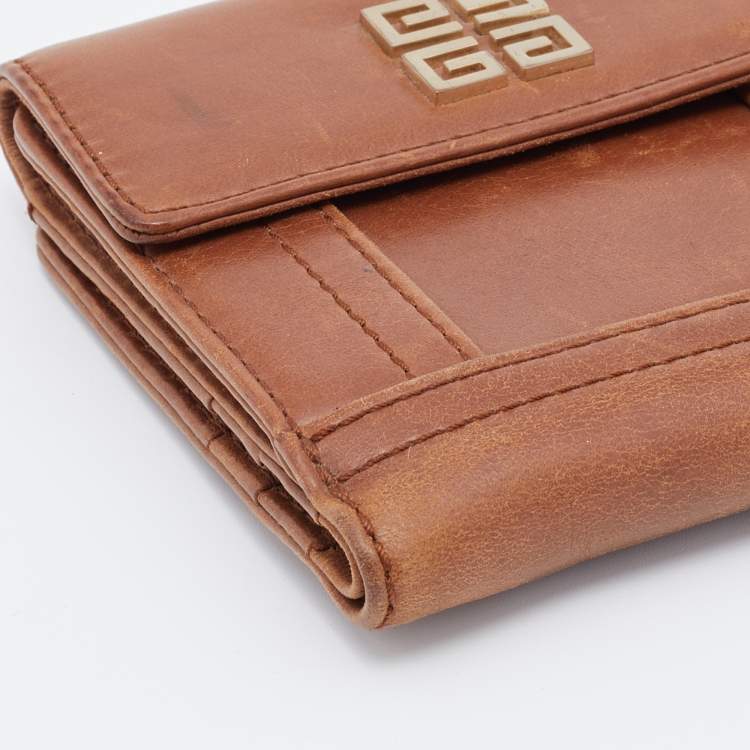 Pre Owned Givenchy Brown Leather Logo Compact Wallet