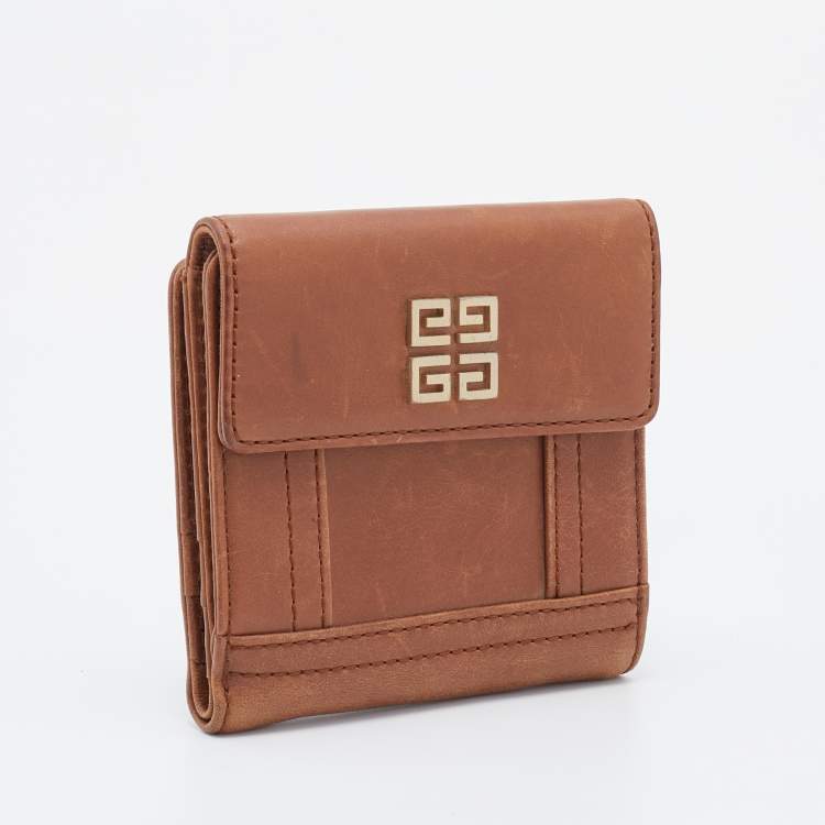 Pre Owned Givenchy Brown Leather Logo Compact Wallet