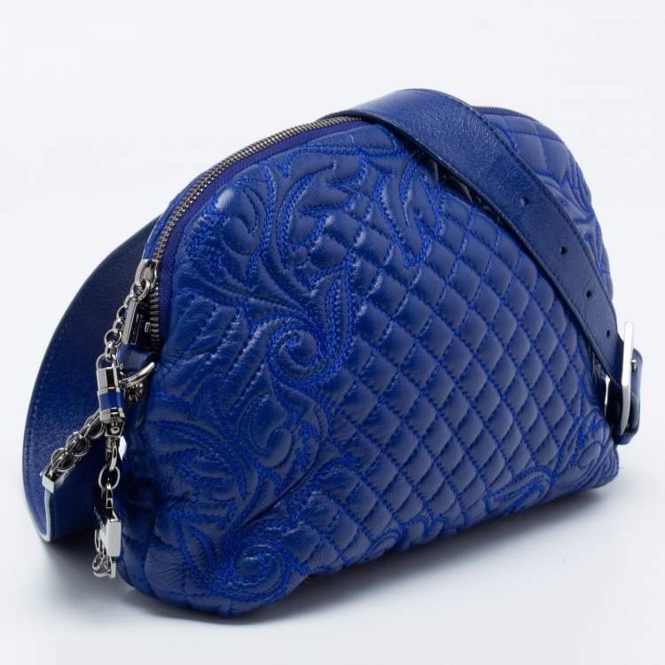Pre Owned Versace Blue Leather Embroidered Shoulder Bag