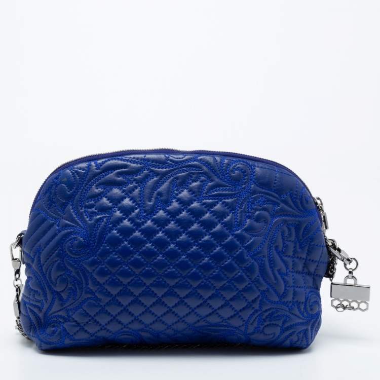 Pre Owned Versace Blue Leather Embroidered Shoulder Bag