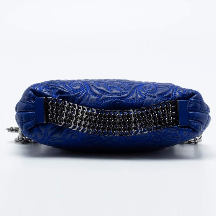 Pre Owned Versace Blue Leather Embroidered Shoulder Bag