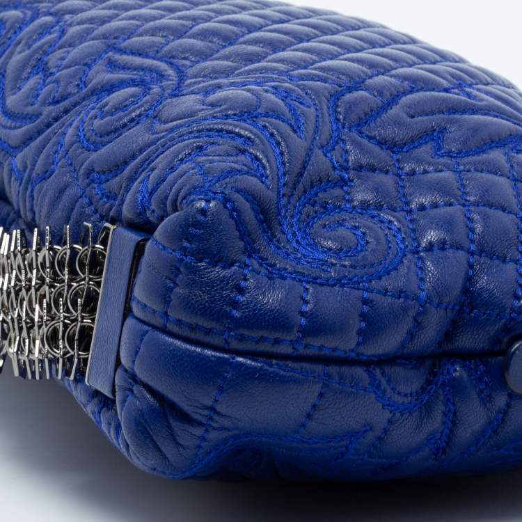 Pre Owned Versace Blue Leather Embroidered Shoulder Bag