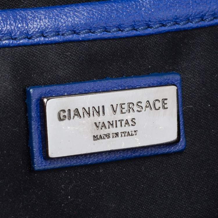 Pre Owned Versace Blue Leather Embroidered Shoulder Bag