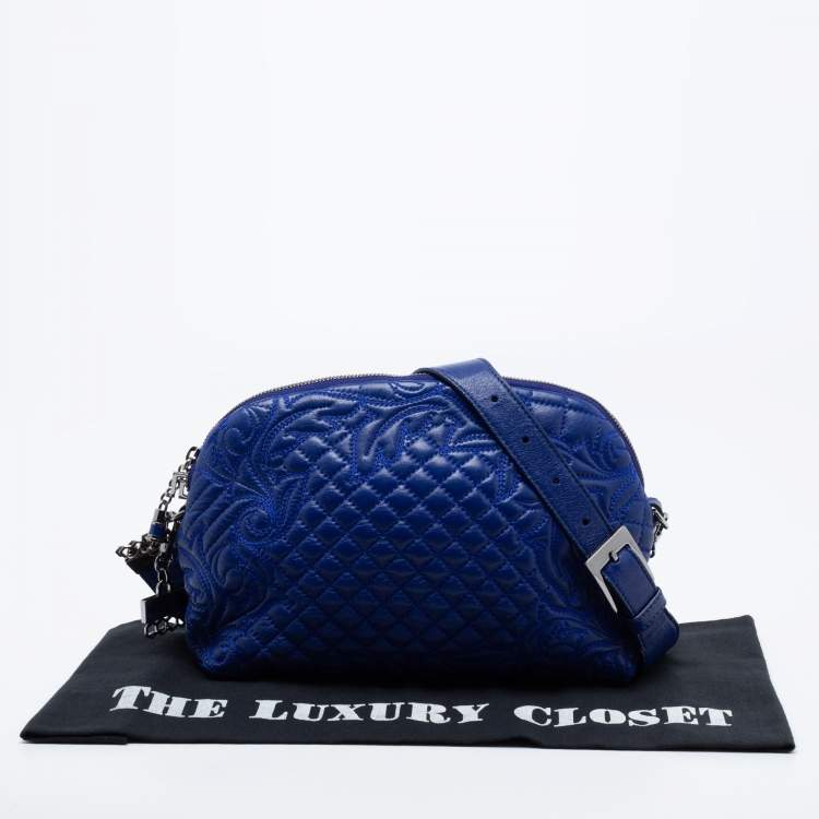 Pre Owned Versace Blue Leather Embroidered Shoulder Bag