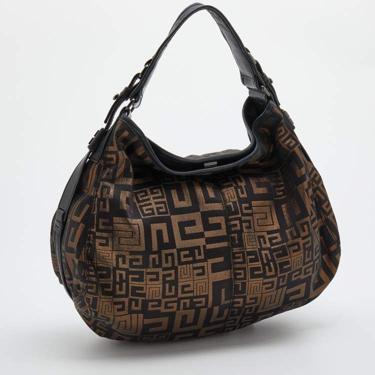 Pre Owned Givenchy Black/Gold Monogram Canvas And Leather Hobo