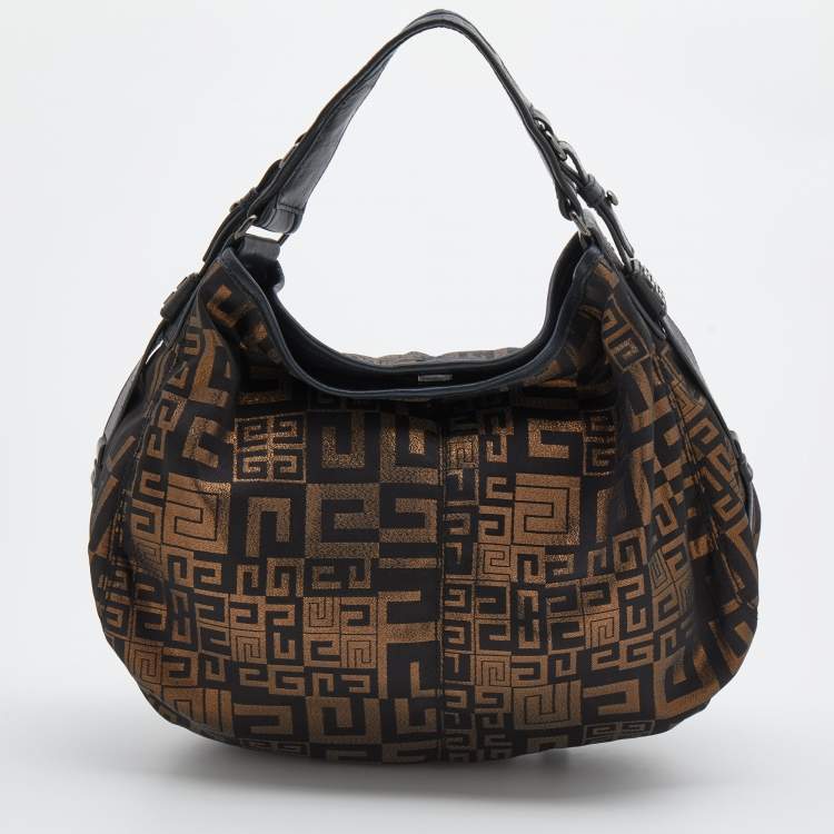 Pre Owned Givenchy Black/Gold Monogram Canvas And Leather Hobo