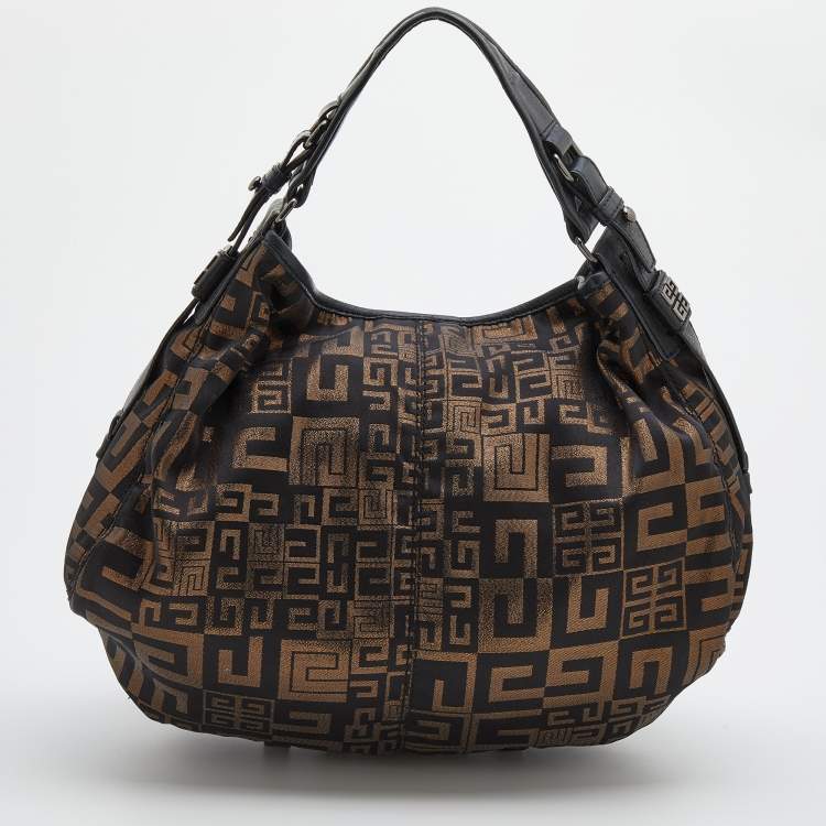 Pre Owned Givenchy Black/Gold Monogram Canvas And Leather Hobo