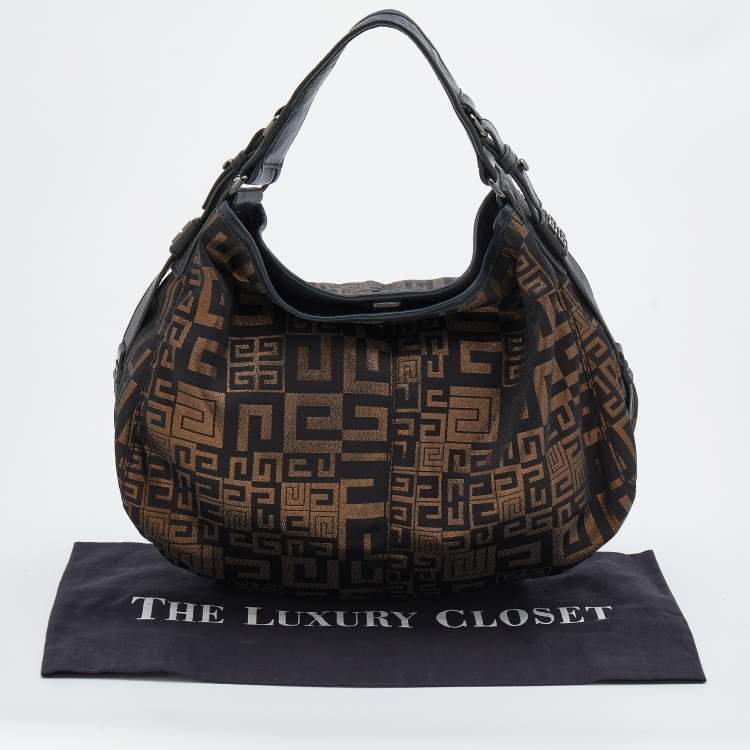 Pre Owned Givenchy Black/Gold Monogram Canvas And Leather Hobo