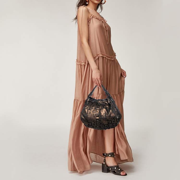 Pre Owned Givenchy Black/Gold Monogram Canvas And Leather Hobo