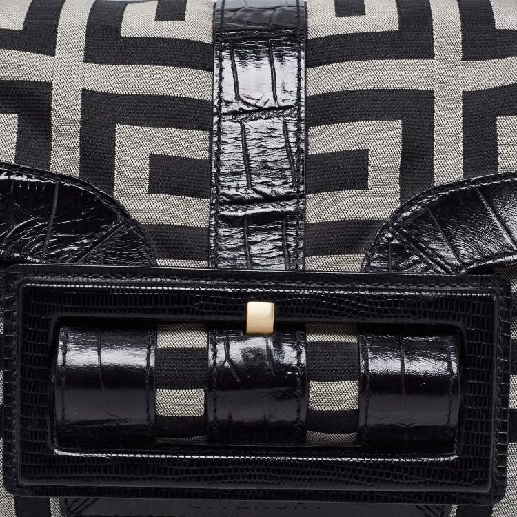 Pre Owned Givenchy Black Monogram Canvas and Embossed Leather Buckle Flap Top Handle Bag