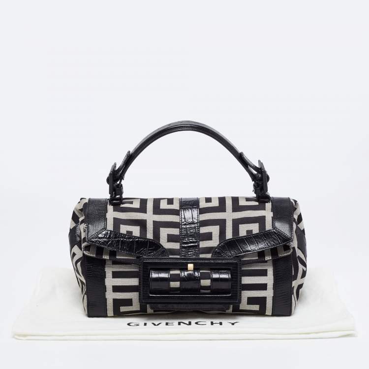 Pre Owned Givenchy Black Monogram Canvas and Embossed Leather Buckle Flap Top Handle Bag
