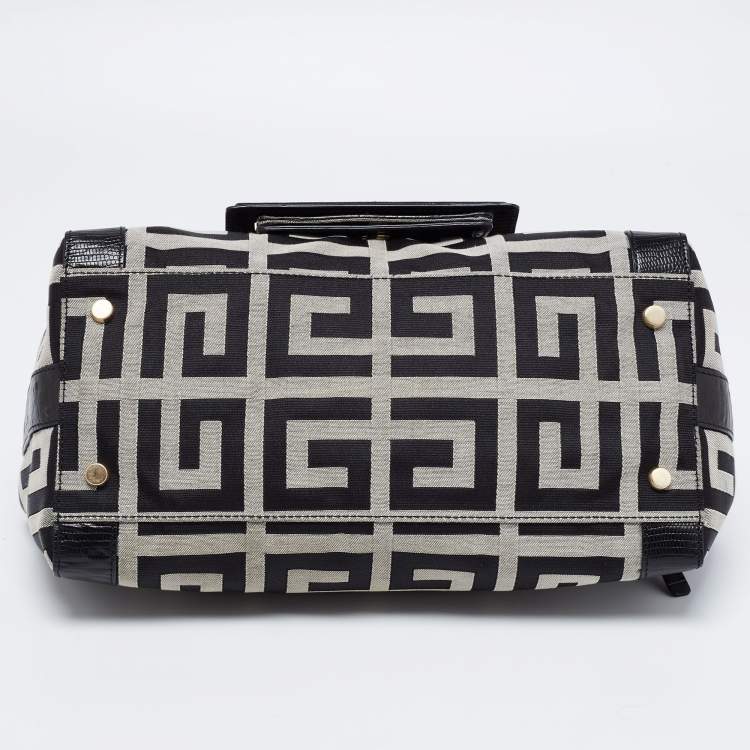 Pre Owned Givenchy Black Monogram Canvas and Embossed Leather Buckle Flap Top Handle Bag