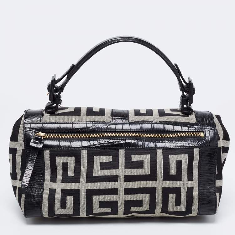 Pre Owned Givenchy Black Monogram Canvas and Embossed Leather Buckle Flap Top Handle Bag