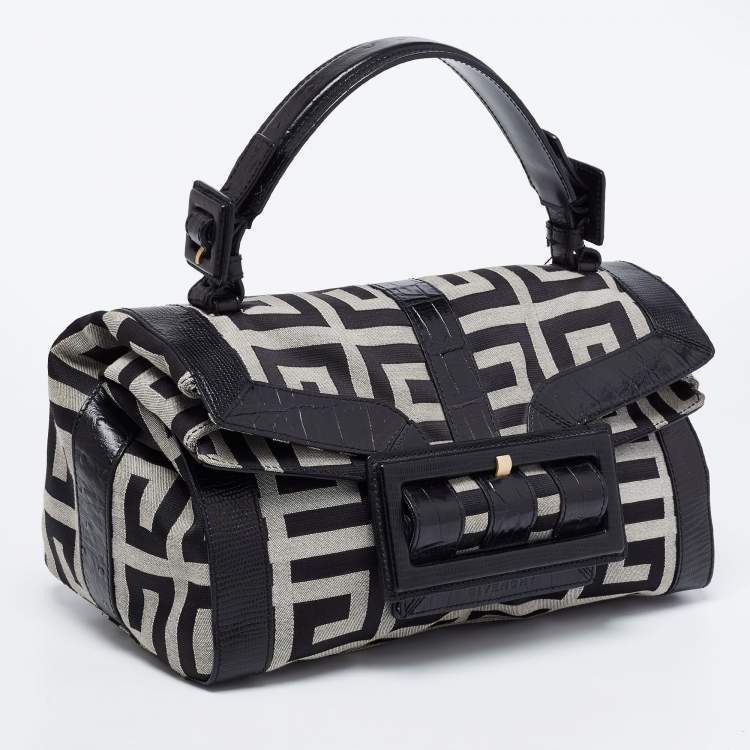 Pre Owned Givenchy Black Monogram Canvas and Embossed Leather Buckle Flap Top Handle Bag