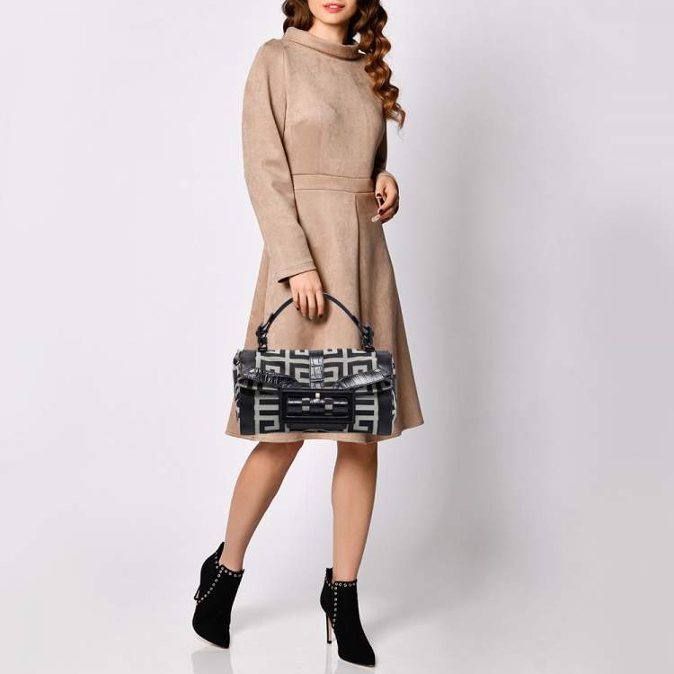 Pre Owned Givenchy Black Monogram Canvas and Embossed Leather Buckle Flap Top Handle Bag