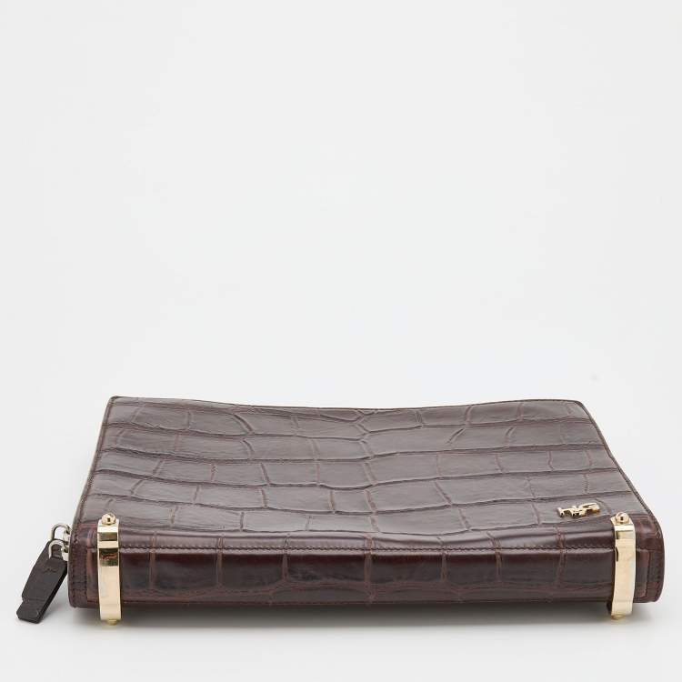 Pre Owned Givenchy Brown Crocodile Embossed Leather Book Clutch