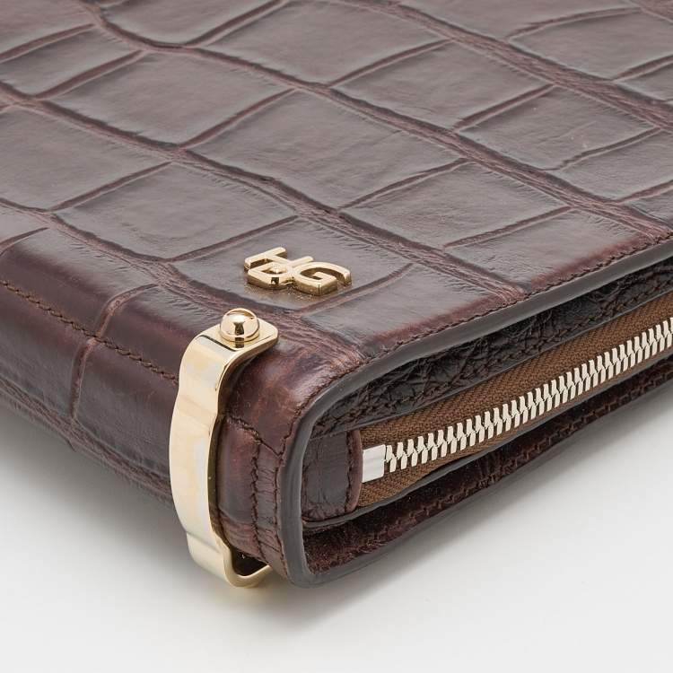 Pre Owned Givenchy Brown Crocodile Embossed Leather Book Clutch