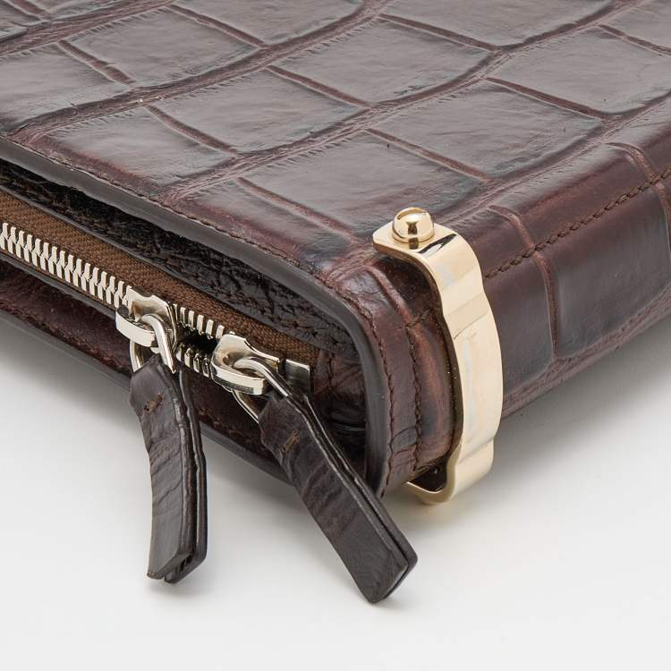 Pre Owned Givenchy Brown Crocodile Embossed Leather Book Clutch