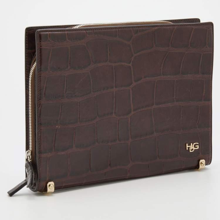 Pre Owned Givenchy Brown Crocodile Embossed Leather Book Clutch