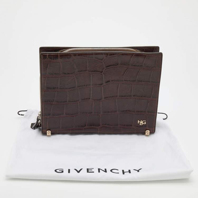 Pre Owned Givenchy Brown Crocodile Embossed Leather Book Clutch