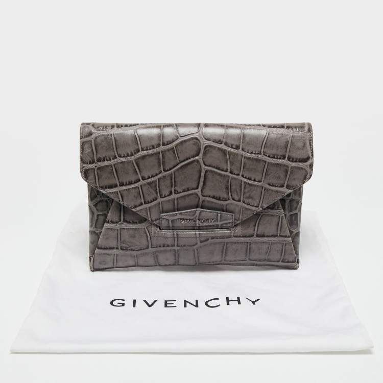Pre Owned Givenchy Grey Croc Embossed Leather Antigona Envelope Clutch