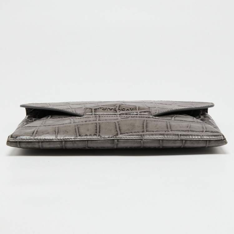 Pre Owned Givenchy Grey Croc Embossed Leather Antigona Envelope Clutch