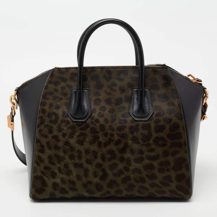 مملوكة مسبقًا Givenchy Black/Green Leopard Print Calf Hair And Leather Medium Antigona Satchel