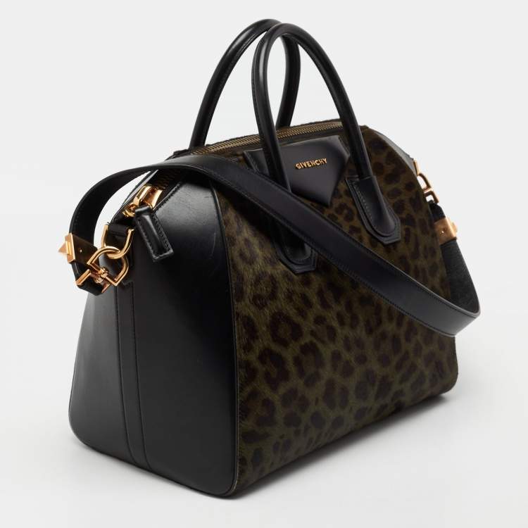 مملوكة مسبقًا Givenchy Black/Green Leopard Print Calf Hair And Leather Medium Antigona Satchel