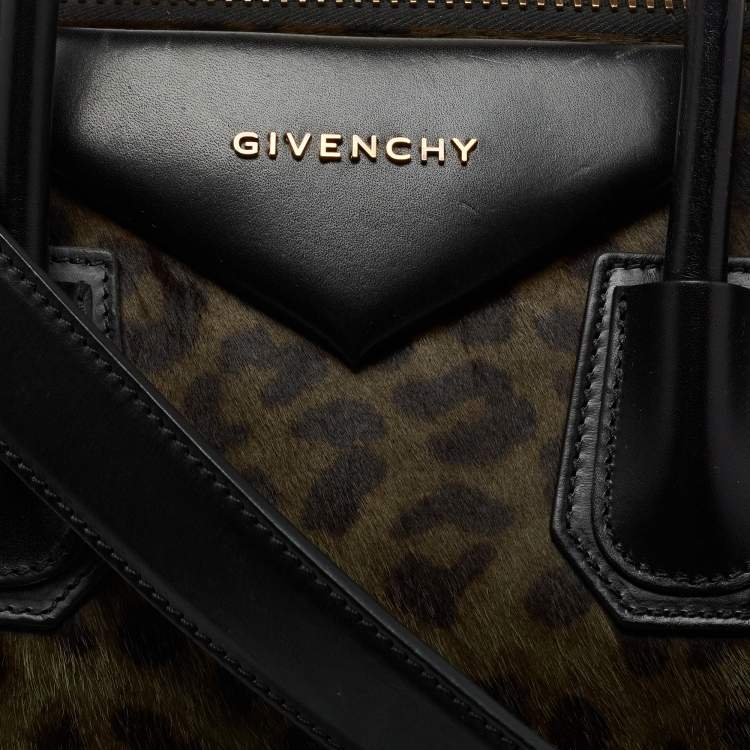 مملوكة مسبقًا Givenchy Black/Green Leopard Print Calf Hair And Leather Medium Antigona Satchel