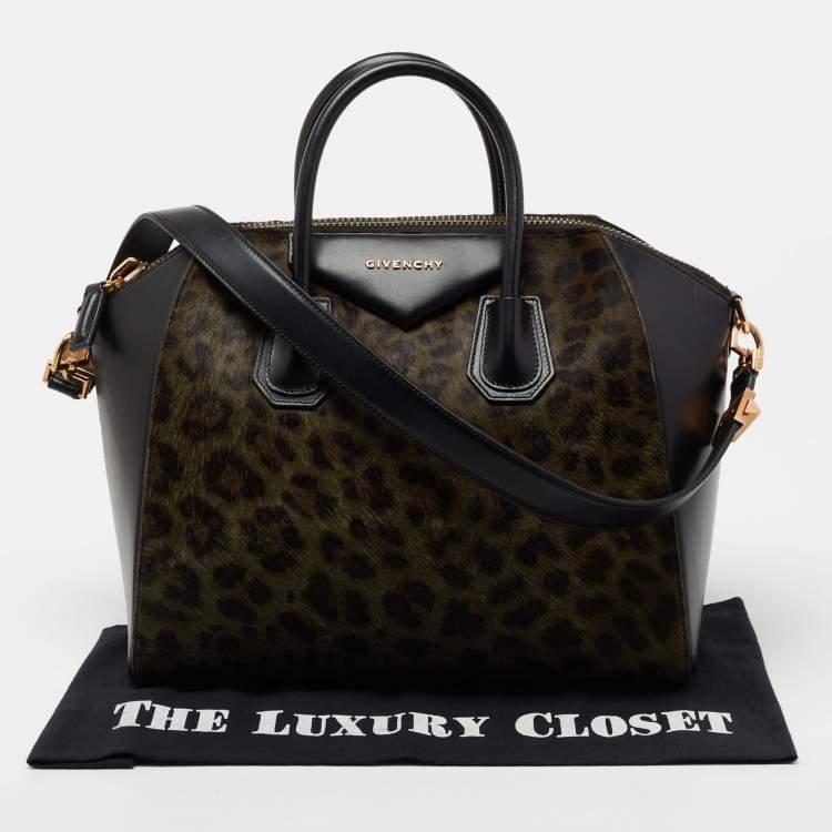 مملوكة مسبقًا Givenchy Black/Green Leopard Print Calf Hair And Leather Medium Antigona Satchel